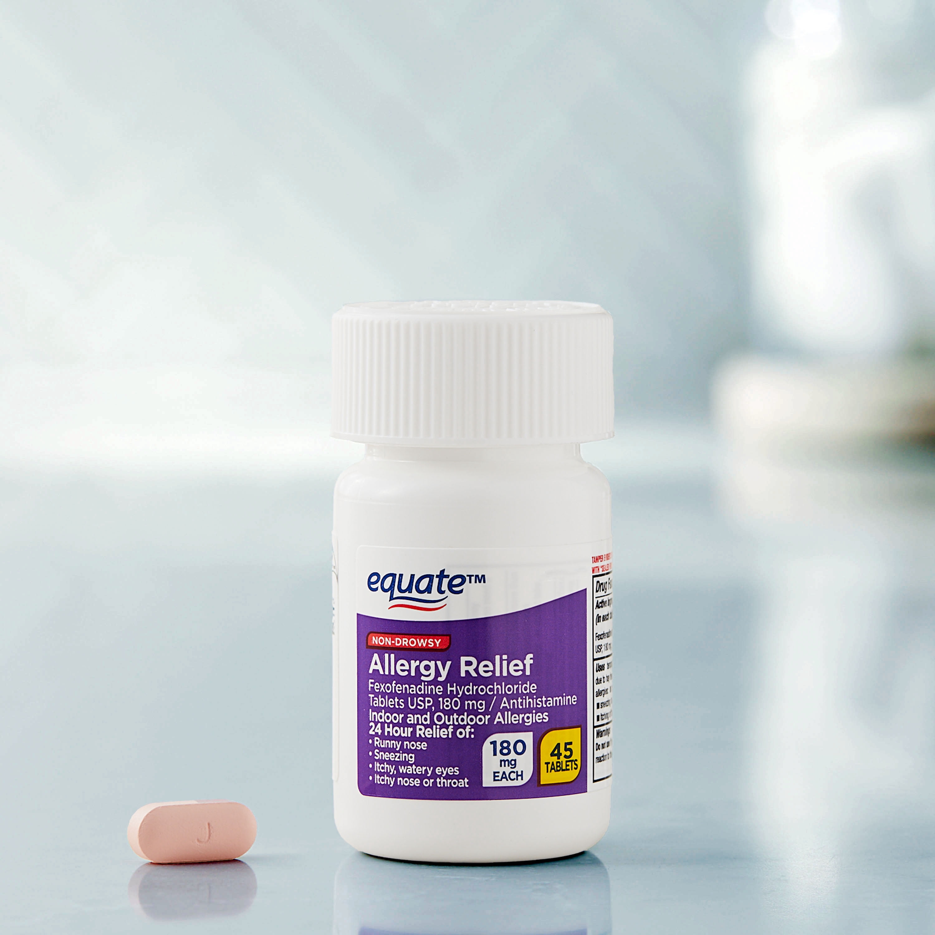(3 pack) Equate Fexofenadine Hydrochloride USP Non-Drowsy Allergy Relief Tablets, 180 mg, 45 Count