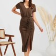 thumbnail image 5 of Sngxgn Women's Casual Fall Dresses Long Sleeve Wrap V Neck High Low Ruffle Dress(Brown,L), 5 of 7