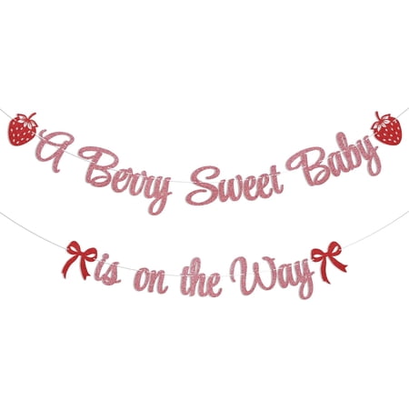 A Berry Sweet Baby is on The Way Banner - Red Bow Fruit Themed Gender Reveal Party Decor Strawberry Girl Baby Shower Party Decorations Rose Gold