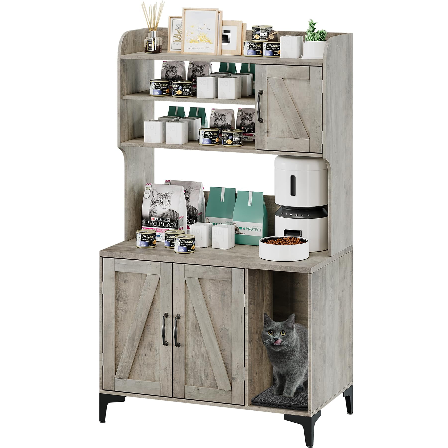 TROPOW Cat Litter Box Furniture,Hidden Cat Box Enclosure with Shelf Storage,Cat Litter Box Enclosure, Wood Sturdy Cat Washroom Storage, Indoor Cat House Furniture,Gray