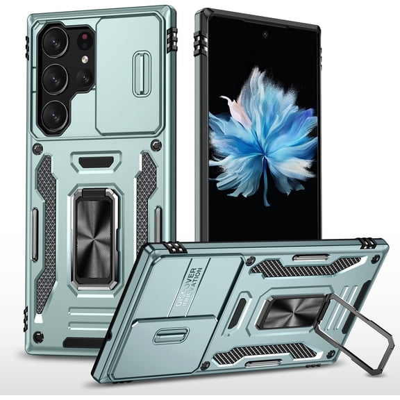 Phone Cases for Samsung Galaxy S23 Ultra Case with Ring Holder, Built-in Slide Lens Cover, Dual Layer Rugged Shockproof Military Grade Protective Cover for S23 Ultra-Alpipne Green