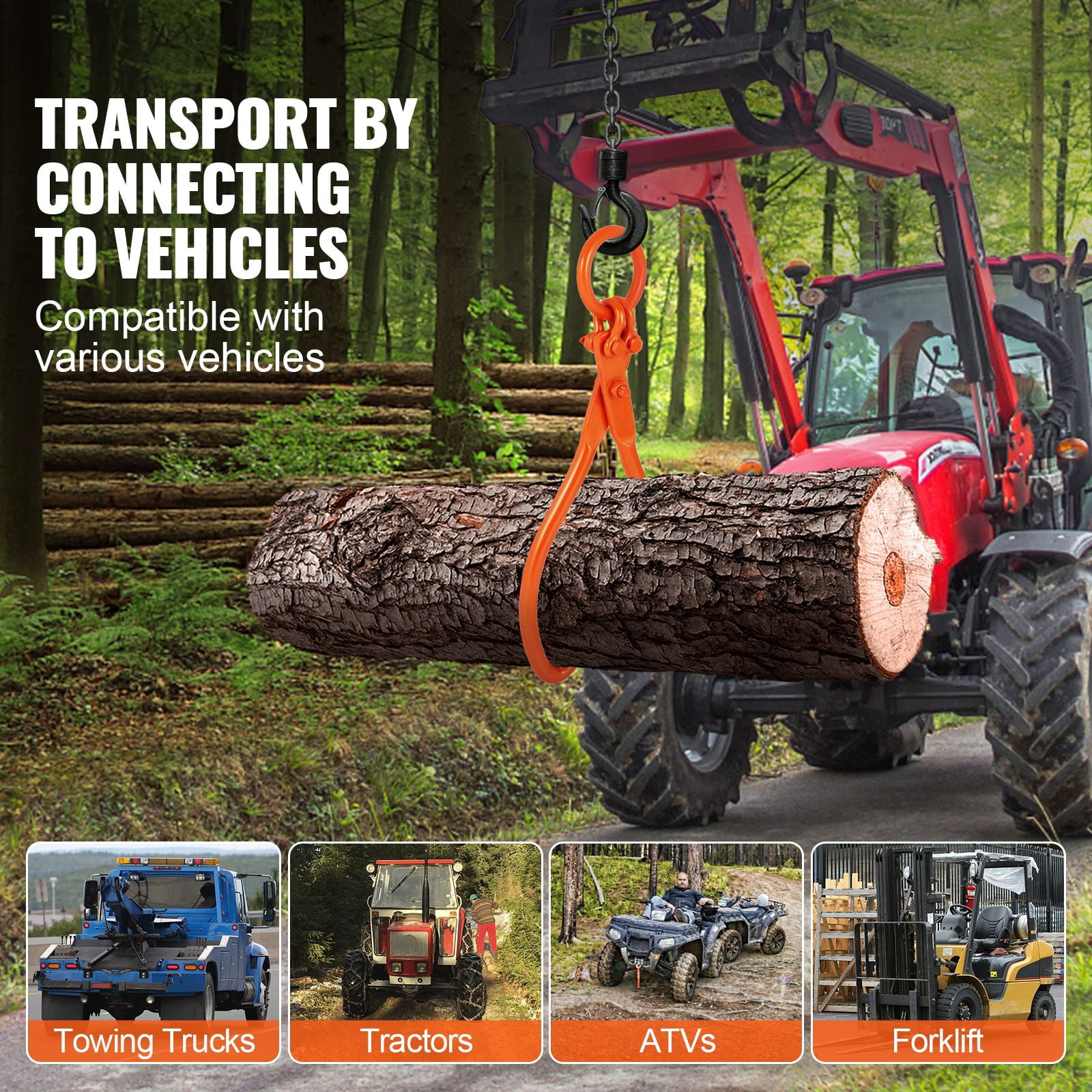 Log Skidding Tongs with 19.45" Max Opening, 772 lbs Capacity, #45 Steel, Eagle Claw Design, for Tractor ATV Truck Log Transport