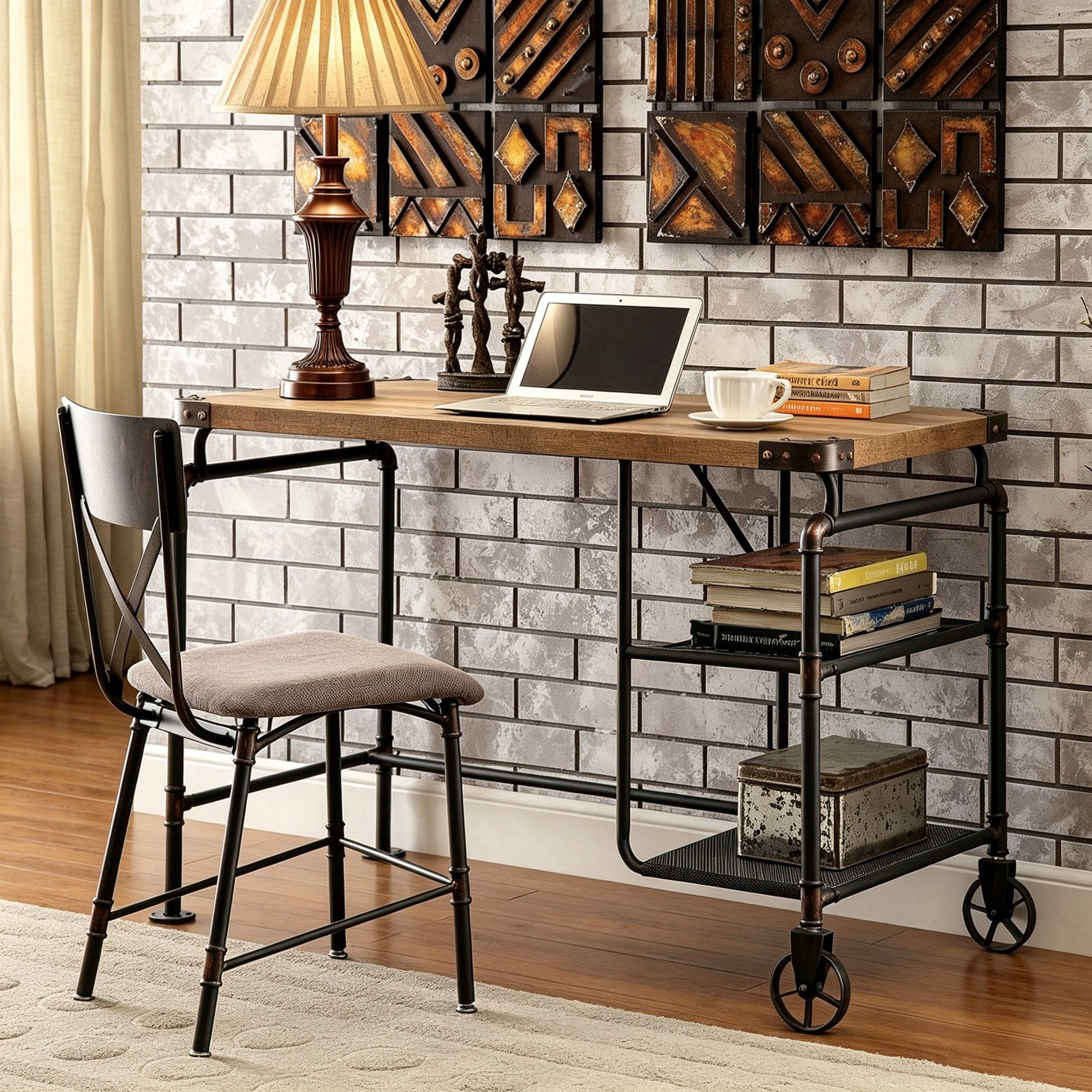 Astoutdoor Industrial Style Desk with Open Shelves and Casters, Antique Black Finish