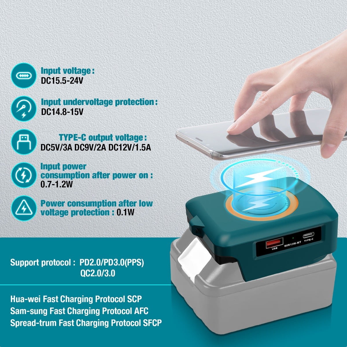 yaaqii 15W Mobile Phone Wireless Charger Adapter for BL1830 BL1815 BL1840 18V Battery