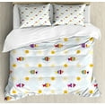 thumbnail image 1 of Cartoon Duvet Cover Set, Aquarium Themed Fish Cartoons with Spots and Lines Geometrical Backdrop Art Print, Decorative 3 Piece Bedding Set with 2 Pillow Shams, King Size, Multicolor, by Ambesonne, 1 of 3