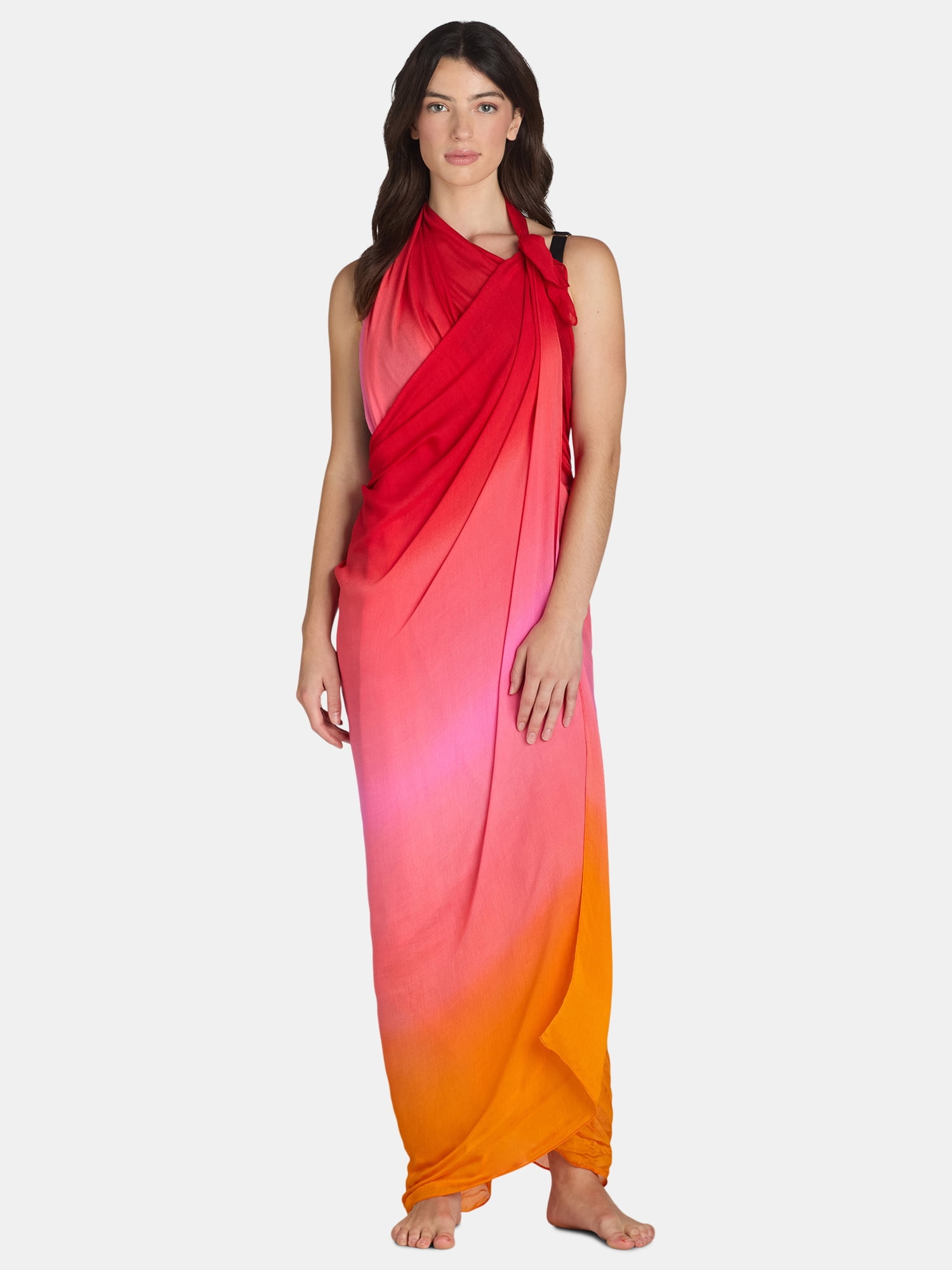 Time and Tru Women's Ombre Print Pareo, One Size, Orange/Red