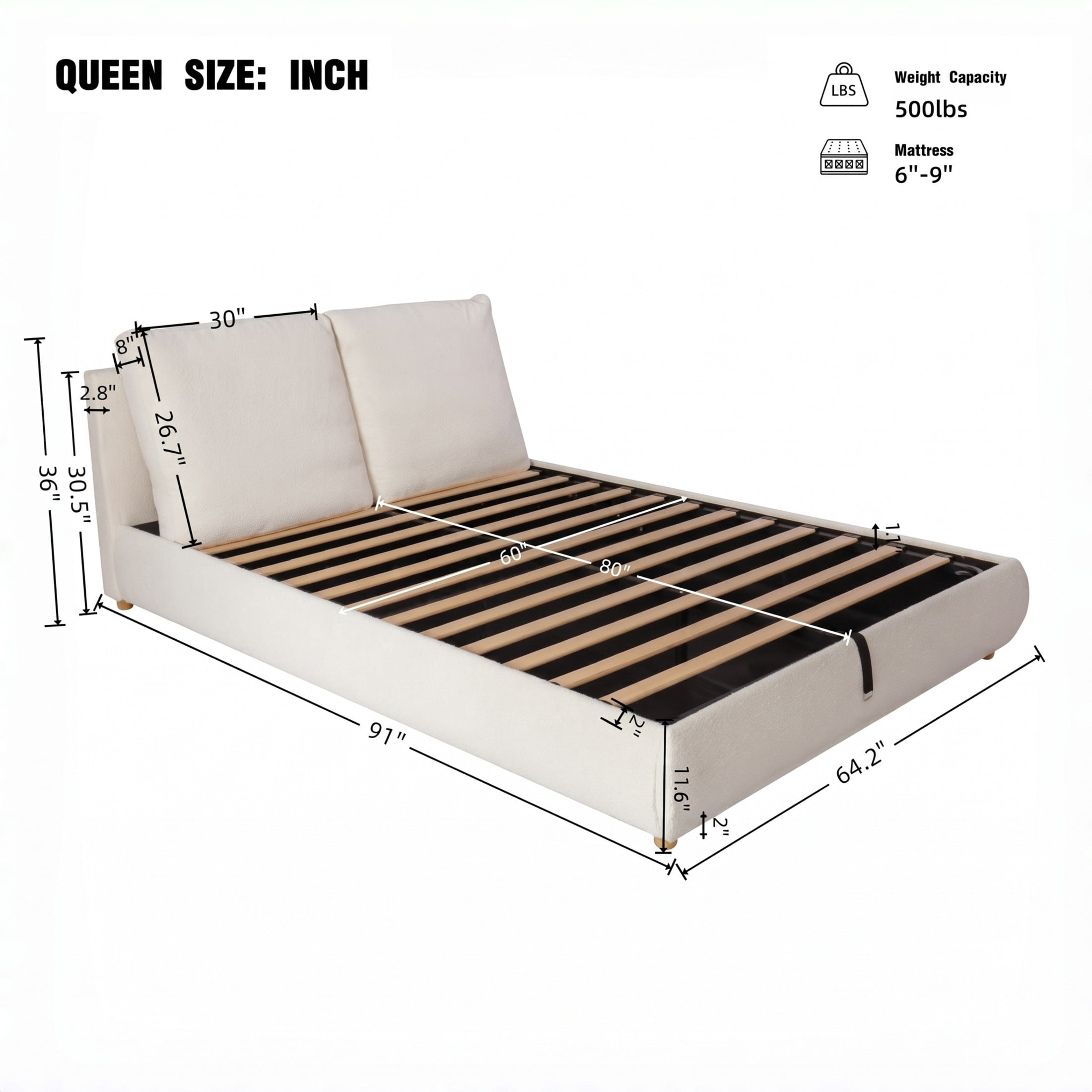 Christopher Knight Home Queen Upholstered Storage Bed, Hydraulic Lift Platform, Removable Headrests, Cream White