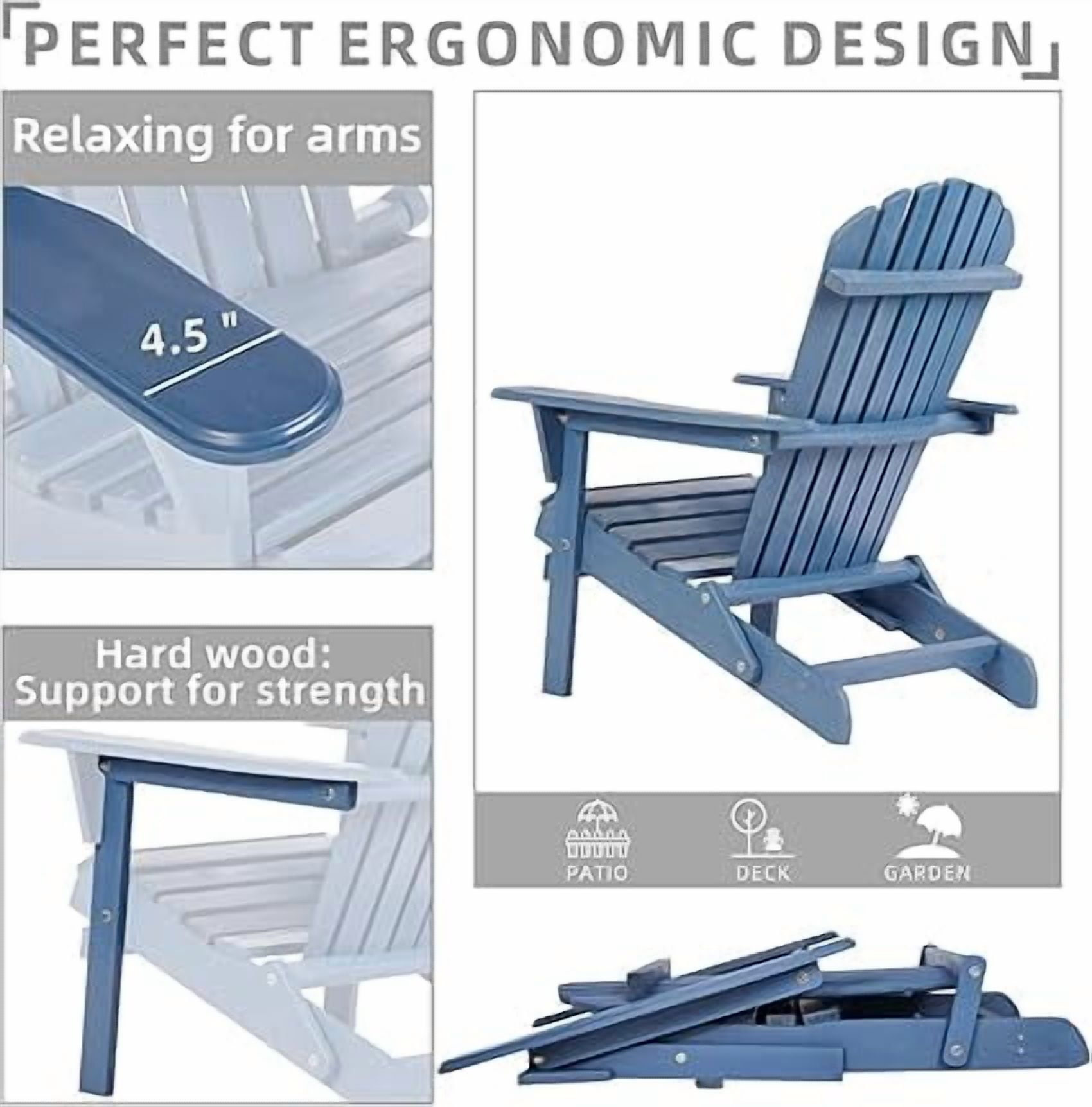 D-road Half Pre-Assembled Folding Adirondack Chair, Set of 2, Outdoor Wood Patio Chair for Backyard/Pool/Beach,Dark Blue