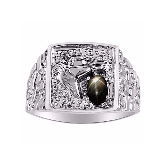 RYLOS Mens Rings 14K White Gold Rings Lucky Nugget Horse Head 6X4MM Gemstone & Genuine Diamond  Ring  Black Star Sapphire March Birthstone Rings For Men, Men's Rings, Gold Rings Sizes 8,9,10,11,12,13