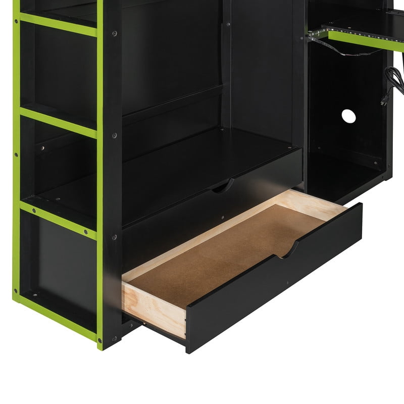 Full Size Wooden Loft Bed with Desk, Wardrobe and Storage Shelves, Gaming Loft Bed Frame with RGB LED Light, USB Charging Port and Built-In Workstation for Bedroom