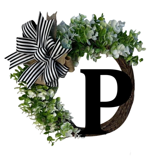 Corona decorativa única con apellido para puerta de entrada durante todo el año, guirnalda con lazo, letrero de bienvenida, guirnalda creativa de 26 letras de granja para puerta de entrada,