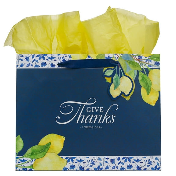 Christian Art Gifts Large Landscape Inspirational Scripture Gift Bag, Tag & Tissue Wrapping Paper Set for Women: Give Thanks Bible Verse, White, Navy Blue & Yellow Lemon Floral, Satin Ribbon Handles