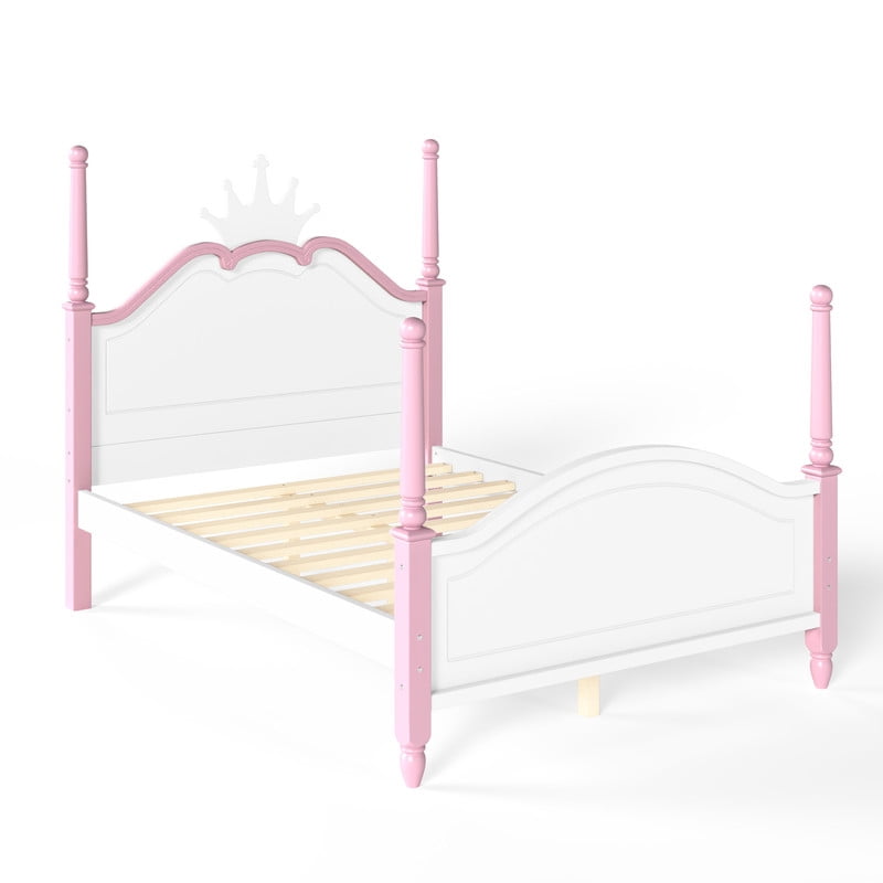 Full Size Kids Low Profile Platform Bed, Curved Footboard Four Poster Bed, Wooden Princess Bed Frame with Crown Shaped Headboard