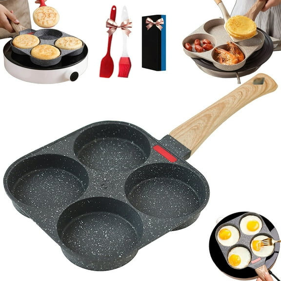 Non-stick Egg Frying Pan, 4 Holes Skillet with Handle,Multifunctional Wooden Handle Omelet Non-stick Cookware Frying Pan,Versatile Breakfast Skillet for Eggs Pancakes Plett Crepes(Black)