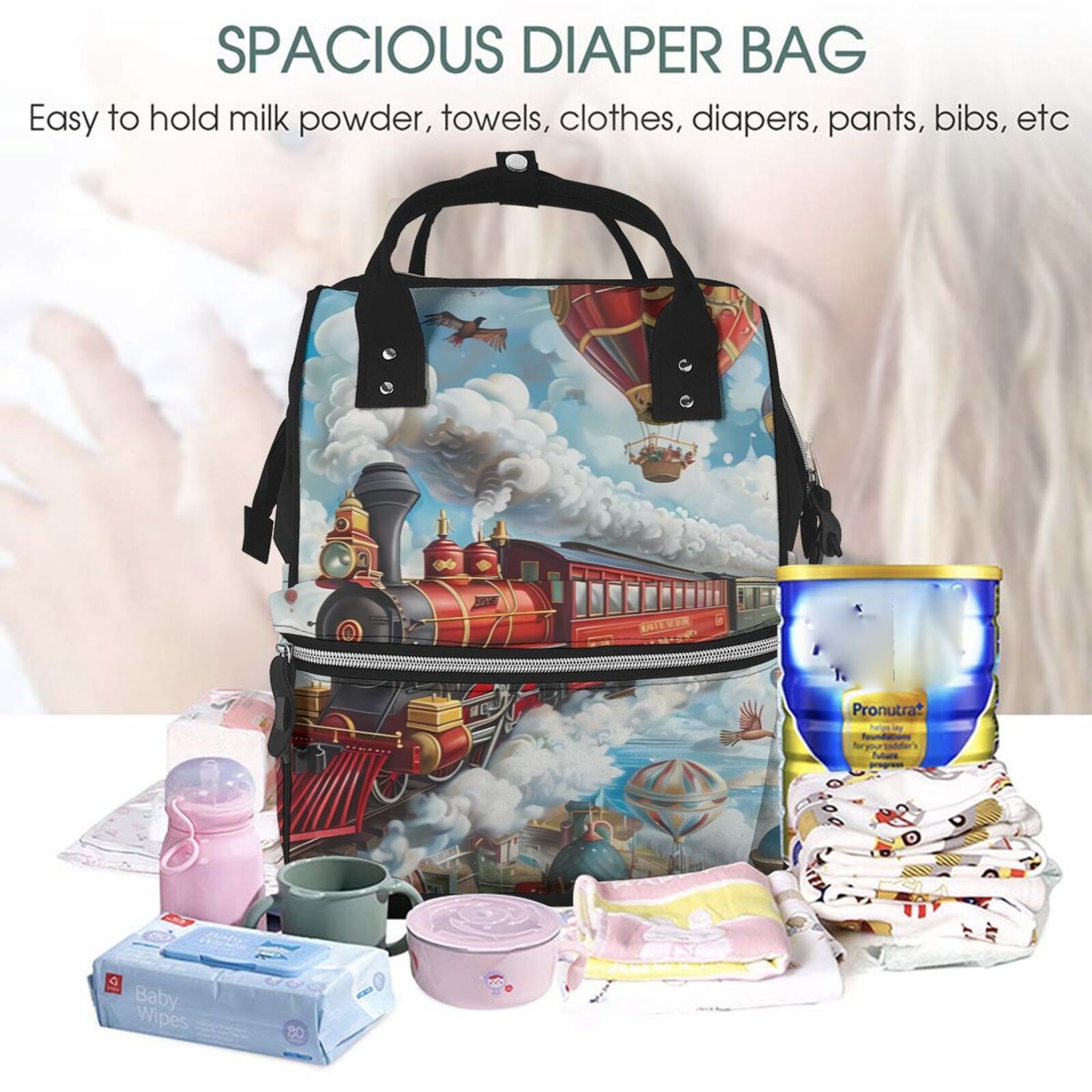 Ratiio Red Train Hot Air Balloon Mummy Backpack - Waterproof Twill Canvas, Large Capacity Diaper Bag with Multiple Pockets and Adjustable Straps