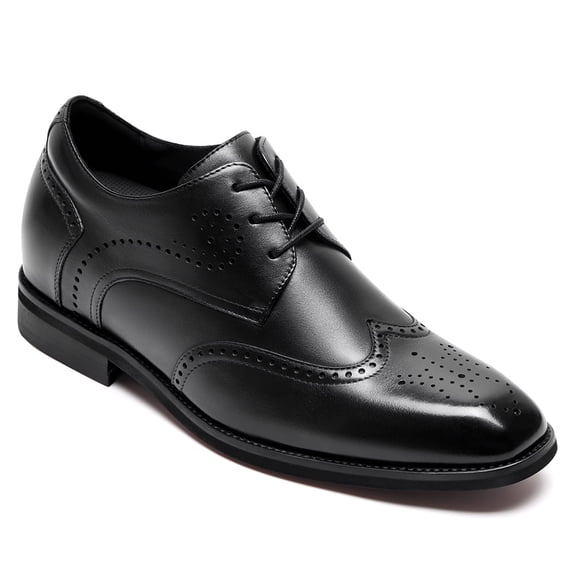 CMR CHAMARIPA Men's Height Increasing Formal Shoes - Black Leather Wingtip Brogue Derby Shoes 7CM / 2.76 Inches