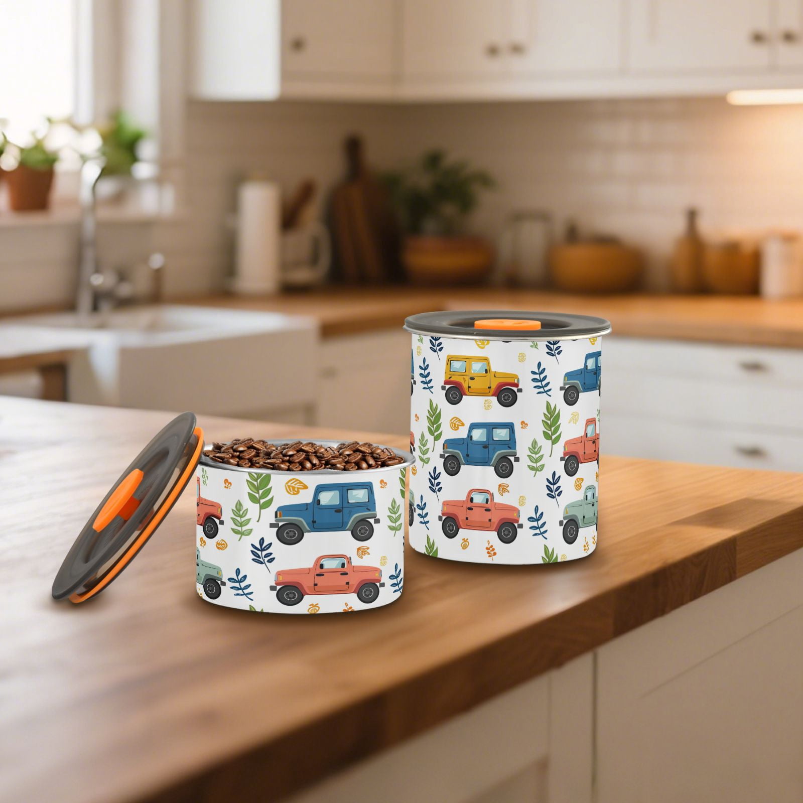 Colorful Truck Leaves Airtight Coffee Bean Canister 30oz Food Storage Containers with Lids For Gournd, Tea, Sugar, Flour, Rice, Cereal, Candy Cookie Jar