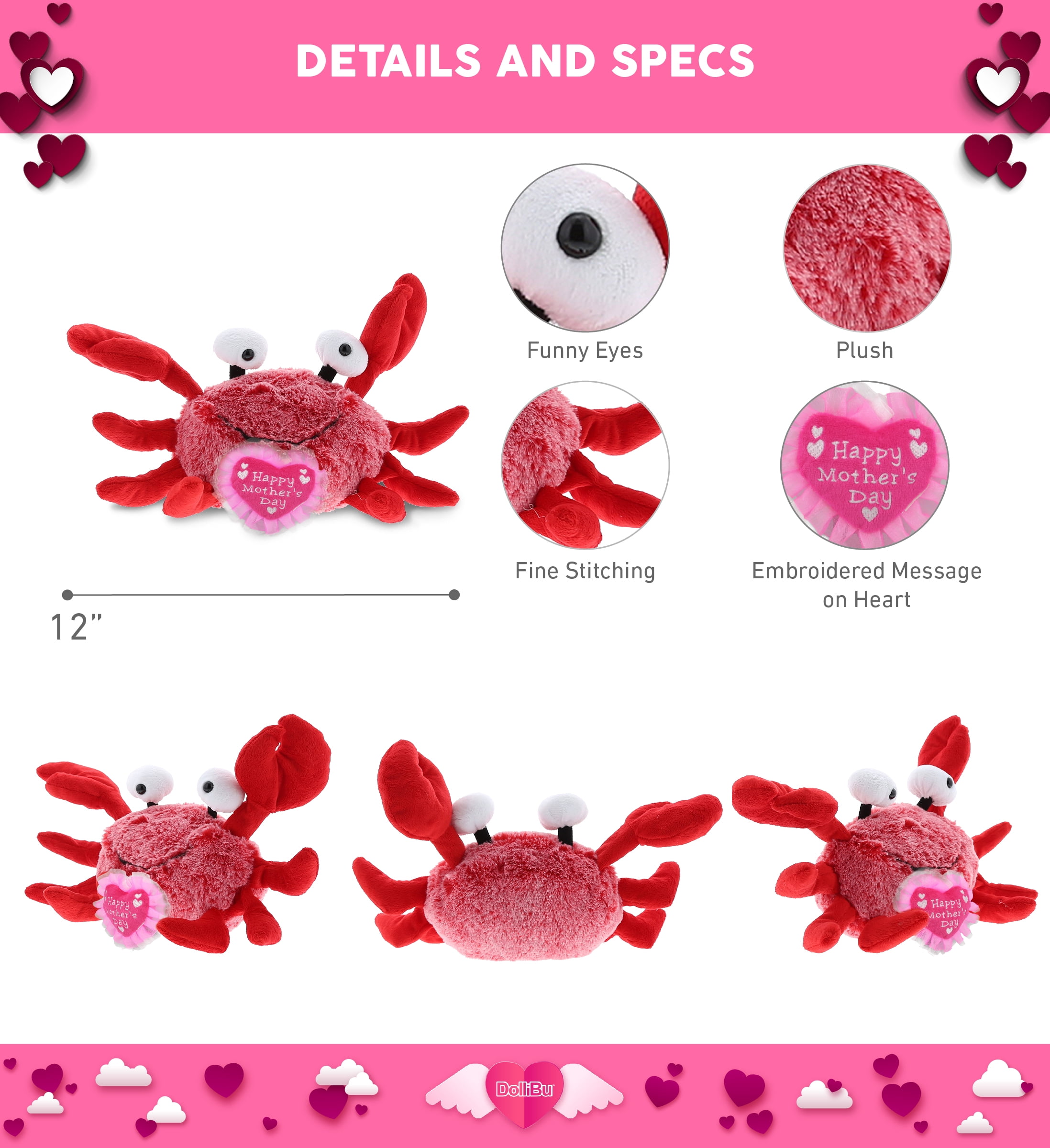 DolliBu Happy Mother's Day Super Soft Plush Red Crab - Cute Stuffed Animal Present With Pink Heart Message for Best Mommy, Grandma, Wife, Daughter - Cute Sea Life Plush Toy Gift - 12" Inches