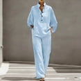 thumbnail image 2 of pstuiky Two Piece Sets for Women Summer Solid Color Cotton Linen Sets Batwing Sleeve V Neck Button Shirts and Wide Leg Pants Set Matching Lounge Set Casual Outfit Light Blue,L, 2 of 9