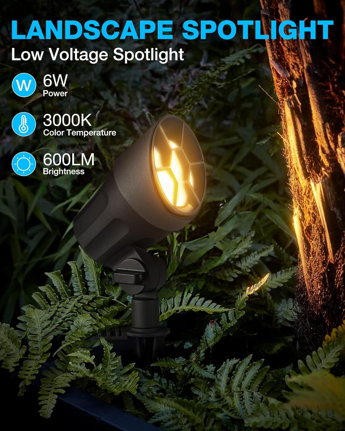 6W Low Voltage Landscape Lighting LED Landscaping Lights Warm White Low Voltage Lighting Waterproof Landscape Spotlights with Connectors Spot Lights Outdoor for Tree Wall Pathway Yard, 4 Pack
