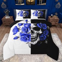 Manfei Happy Valentine'S Day Queen Comforter Set,Gothic Skull Skeleton Bedding Sets,Blue Floral Flowers Bedding Comforter Set For Adults,Microfiber Bedroom Decor Reversible,3-Piece