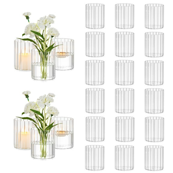 Glasseam Set of 24 Clear Glass Cylinder Vases: Short Ribbed Hurricane Candle Holders for Weddings, Anniversaries, Baby Showers, and Home Table Decor