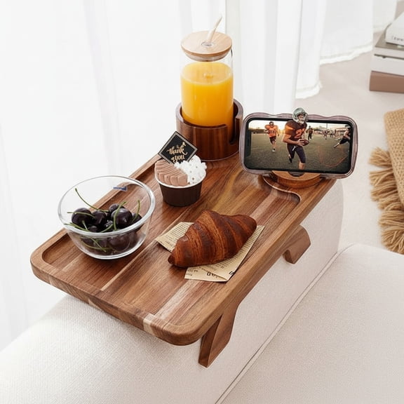 CONCETTA Sofa Arm Tray and 3-in-1 Clip-on Table TV Tray with Rotating Cup Holder and Phone Stand, Brown
