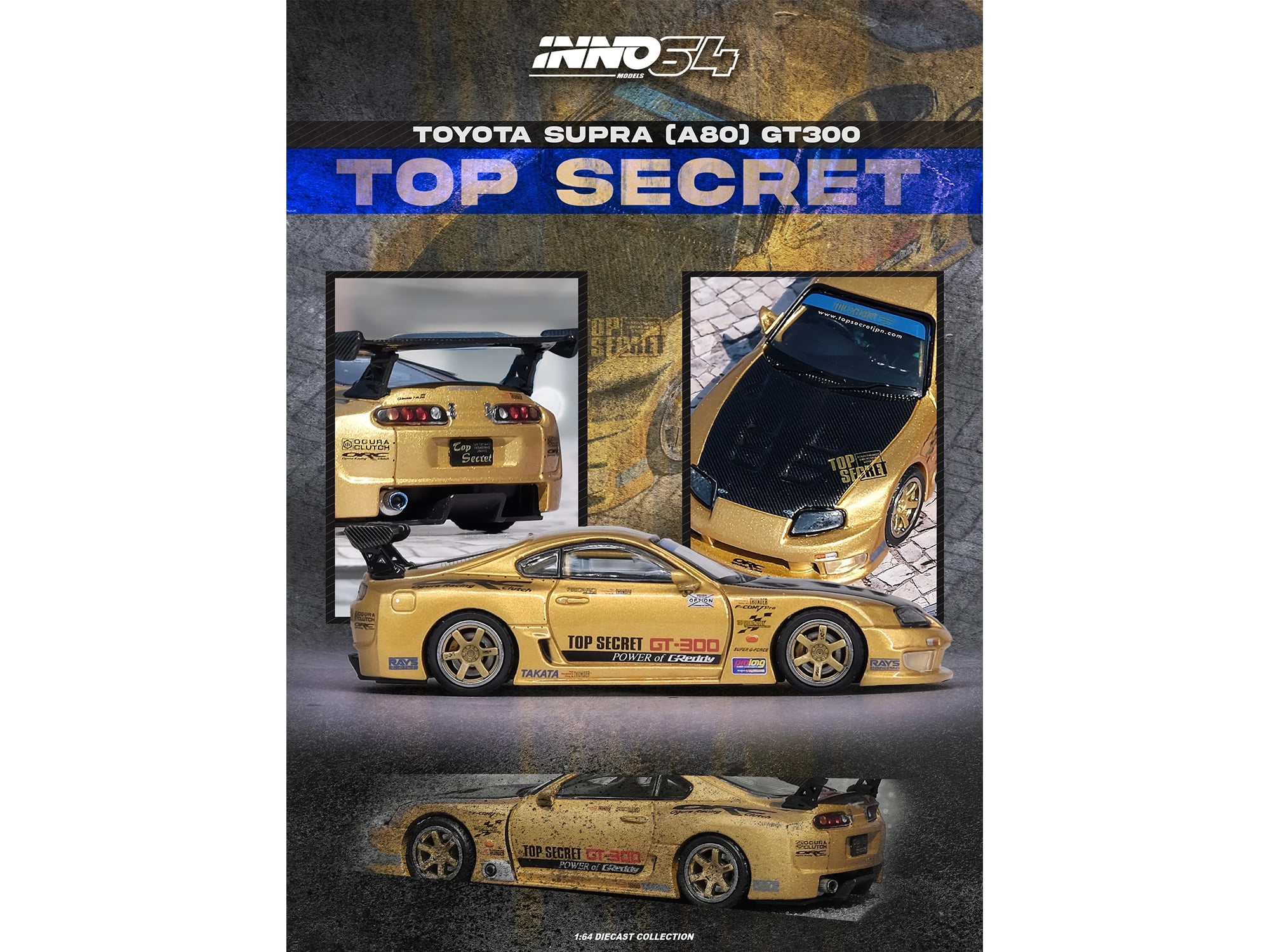 Toyota Supra (A80) "Top Secret" GT300 RHD Gold Metallic with Carbon Hood 1/64 Diecast Model Car by Inno Models
