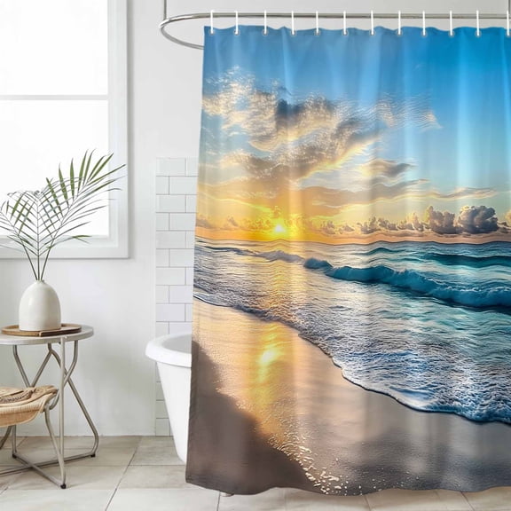 Ocean Sunset Waterproof Fabric Shower Curtain,Beach Blue Sky Coastal Seashore Summer Waterproof Fabric Shower Curtain for Bathroom Curtains Bathtubs Shower Curtains with 12 Hooks Extra Long 72x84