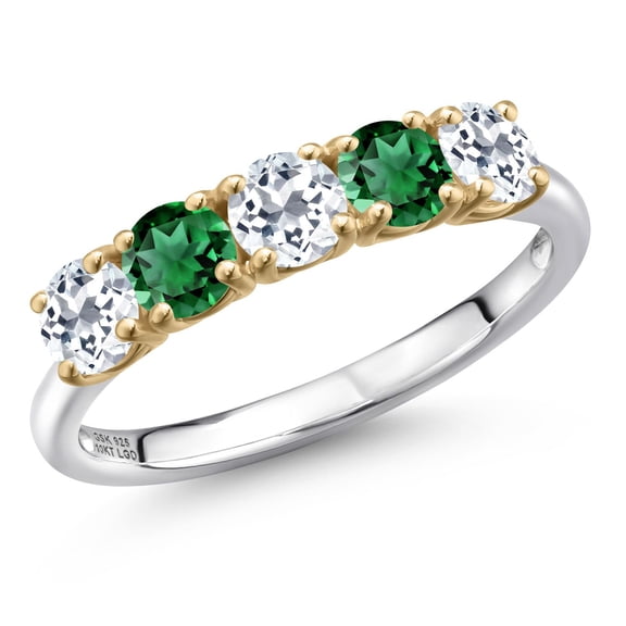 Gem Stone King 925 Silver and 10K Yellow Gold White Topaz and Green Nano Emerald Wedding-Bands Ring for Women | 1.59 Cttw | Round 4MM | Gemstone November Birthstone | Size 5