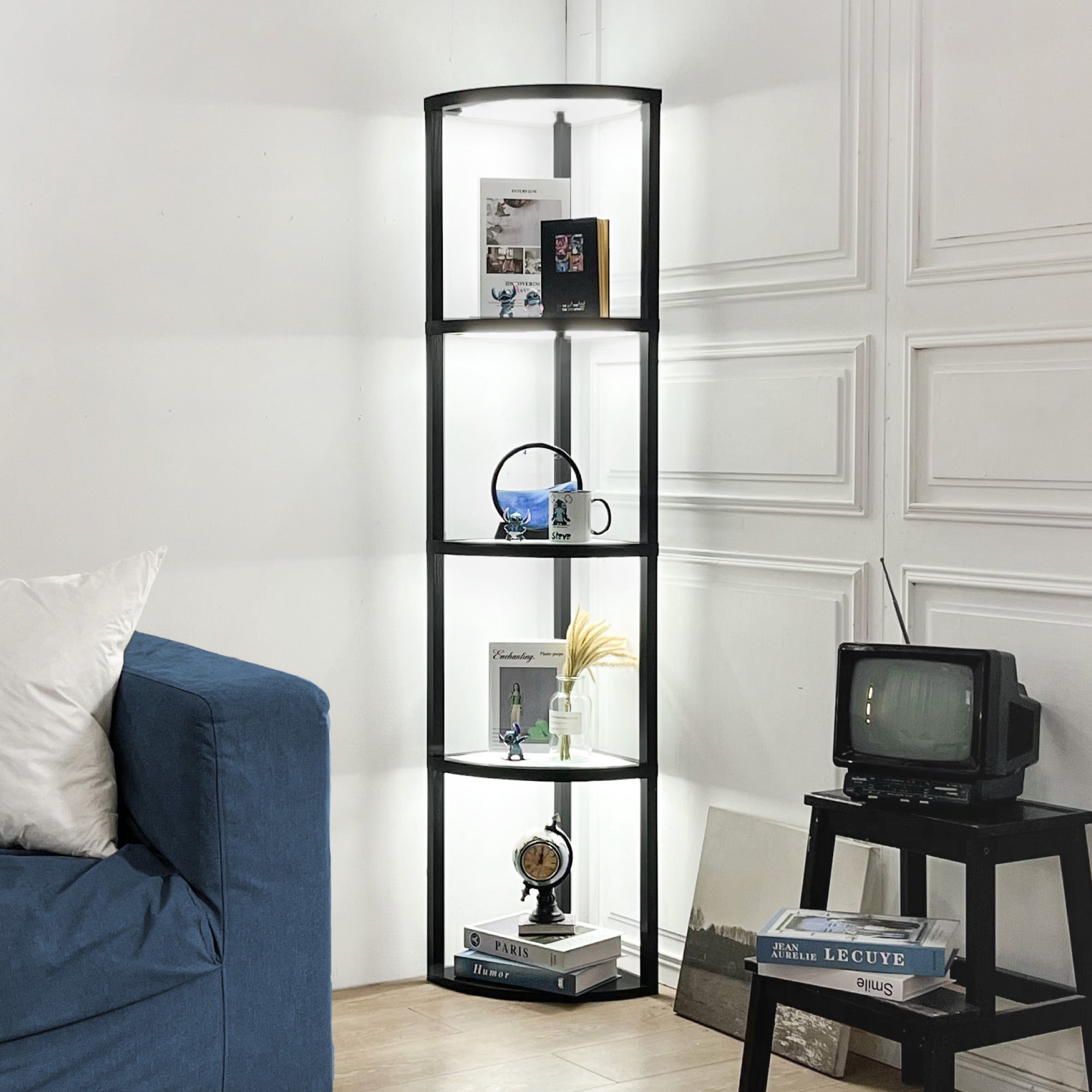 FENLO Fantasy Edge PRO 66-Inch Modern Glass LED Corner Floor Lamp with Shelves