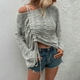 thumbnail image 2 of Women Long Sleeve Tops Sexy Casual Cold Shoulder Hollow Out Sweater Fashion Loose Front Ruched Drawstring Knitwear, 2 of 5