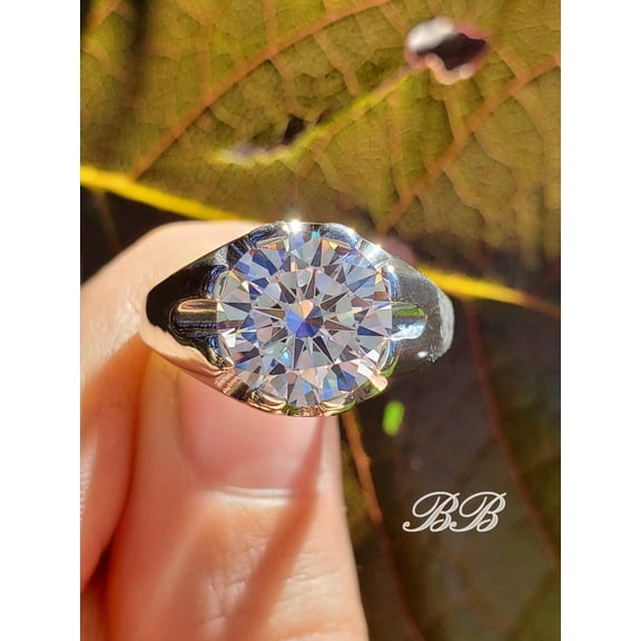8MM - 10MM Mens Round Statement Ring, Moissanite or 6A Quality Cubic Zirconia, Unplated Sterling Silver, Made to Order