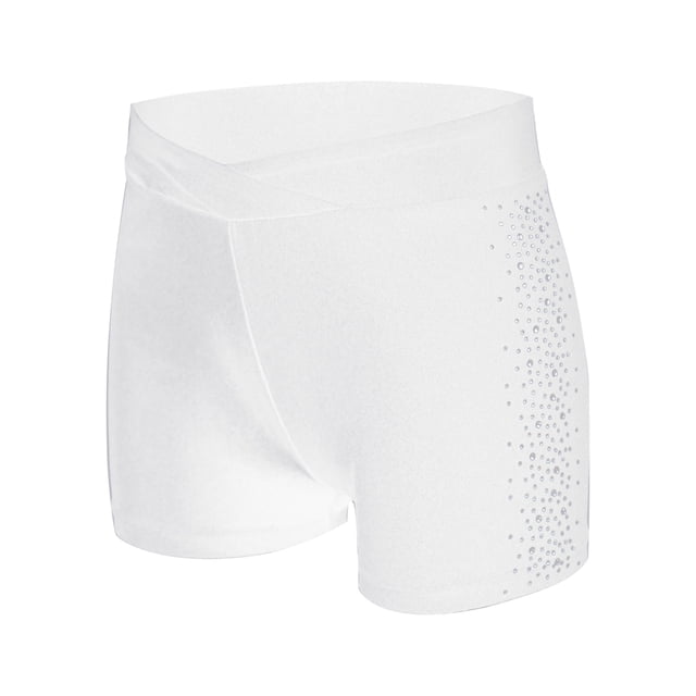 Raenseen Girls Gymnastics Dance Shorts Kids Athletic V-front Spandex Shorts Rhinestone Booty White 14