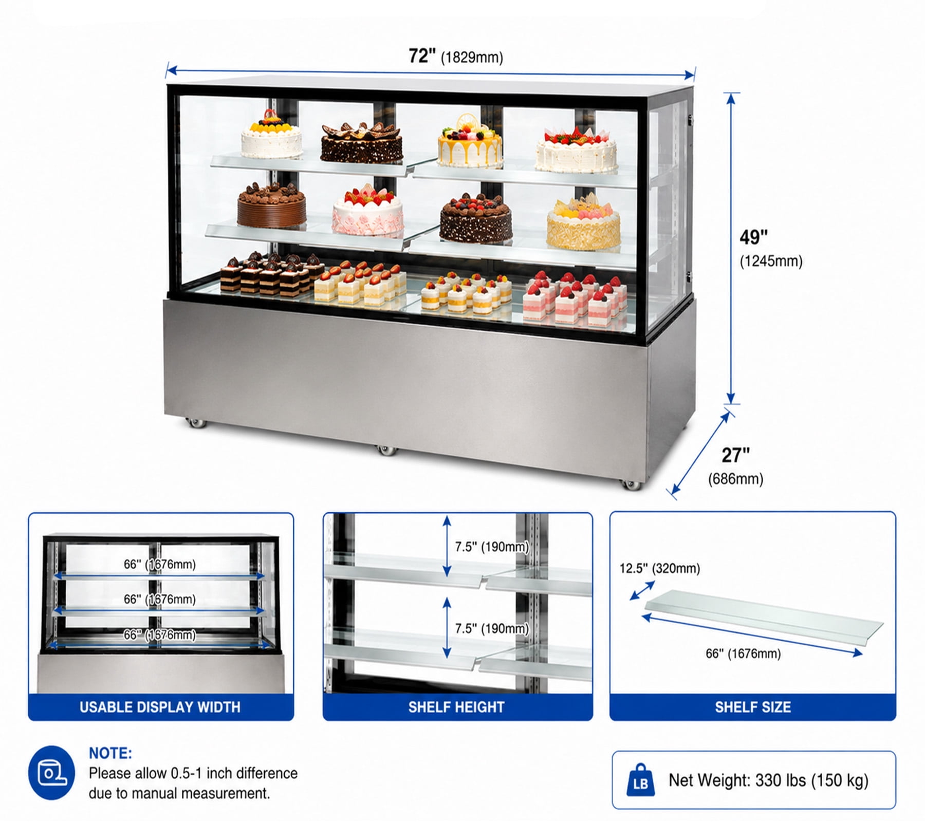 48" Refrigerated Bakery Display Case, Commercial Cake Showcase Refrigerator with LED Lighting, Curved Glass, Adjustable Shelves, ETL Certified