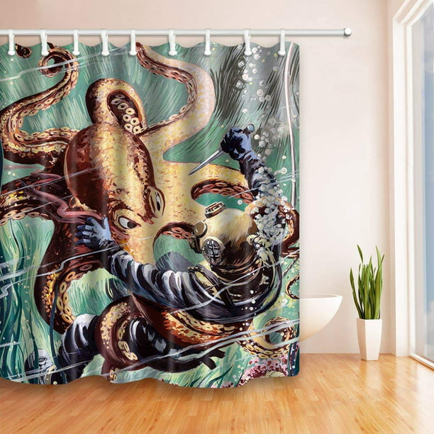 Artjia Octopus Diver Polyester, Diver Shower Curtain