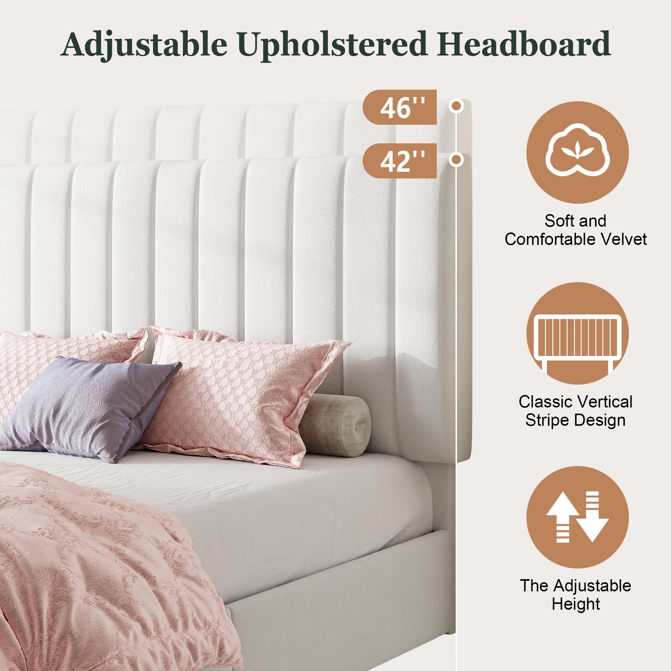 Amolife Queen Bed Frame, Platform Bed with Adjustable Velvet-Wrapped Headboard and 4 Storage Drawers, No Box Spring Required, White