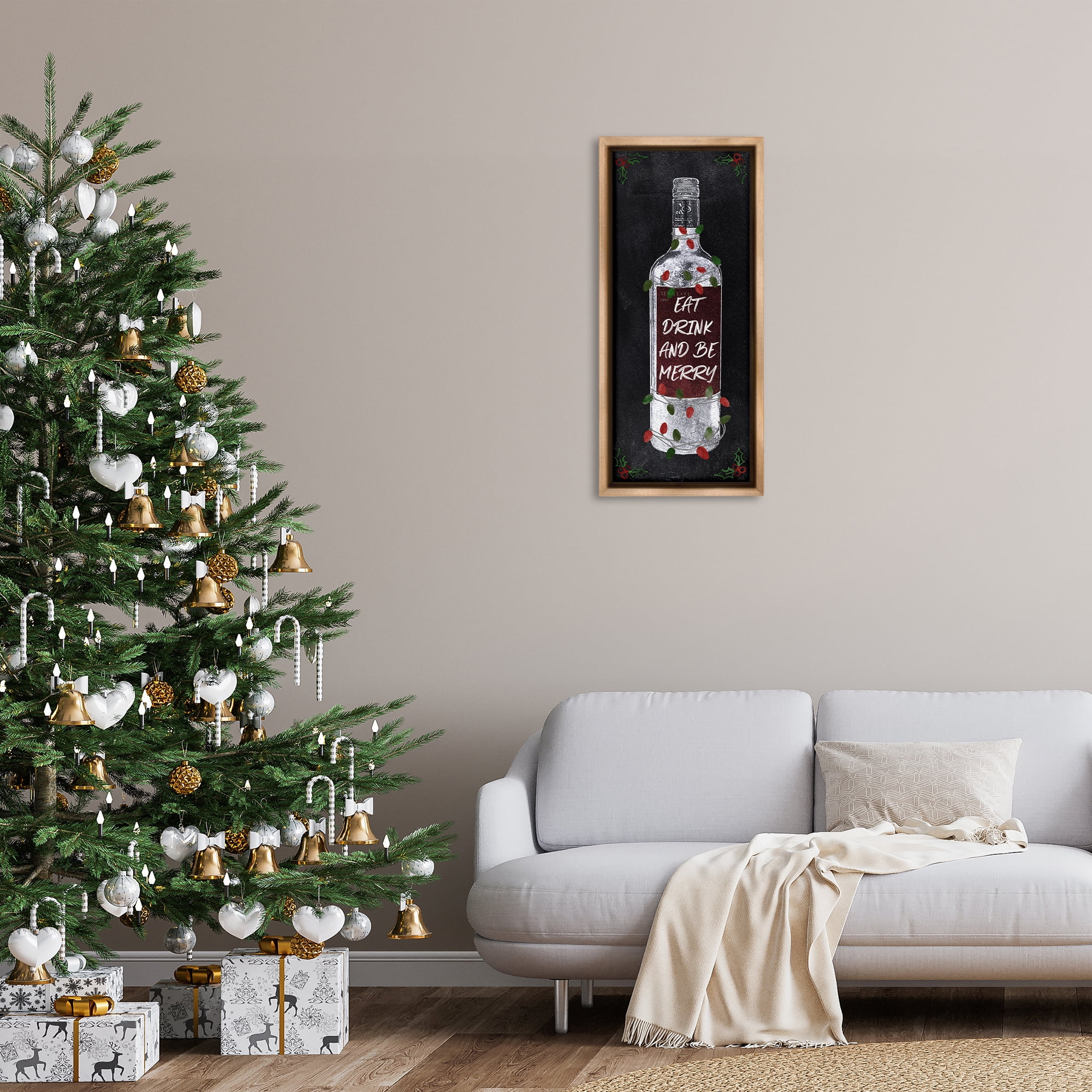 Stupell Industries Eat Drink Be Merry Holiday Painting Brown Floater Framed Canvas Art Prints Wall Art, 15 x 31