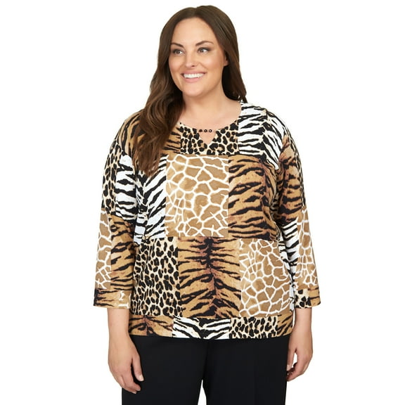 Alfred Dunner Womens Plus-Size Split Neck Animal Patch Top