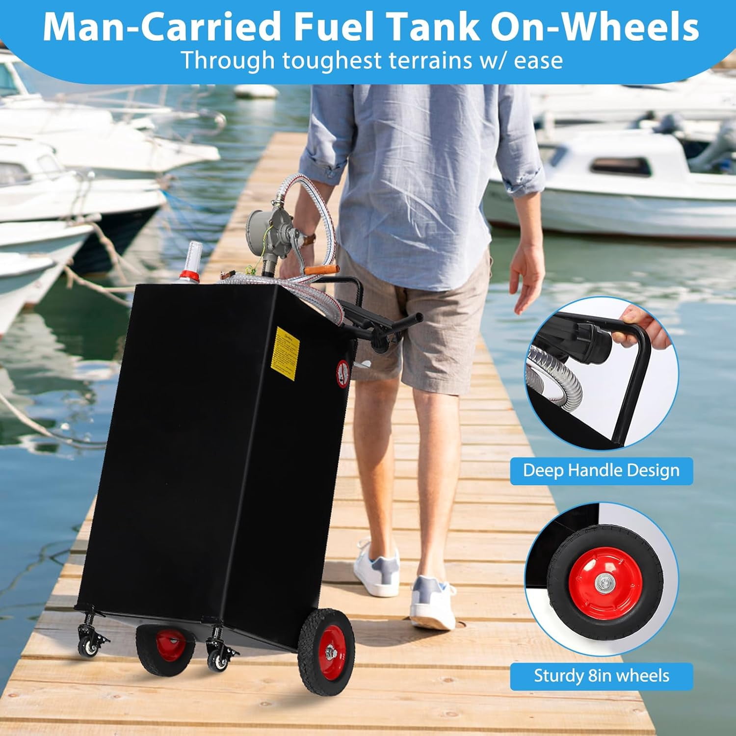 M optimized 35 Gallon Fuel Caddy, Fuel Tank with Manual Transfer Pump for Gasoline & Diesel, Durable 4-Wheel Design, Mobile Fuel Storage for Cars, Trucks, Boats, Lawn Mowers