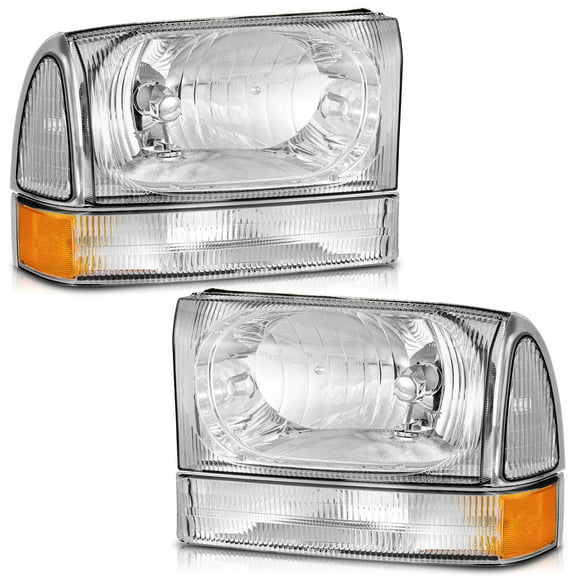 WEELMOTO Headlights Assembly for 1999-2004 Ford Super Duty F250 F350 F450 F550, for 00 01 02 03 04 Ford Excursion Sets Headlamp with Bumper Lamps Chrome Housing