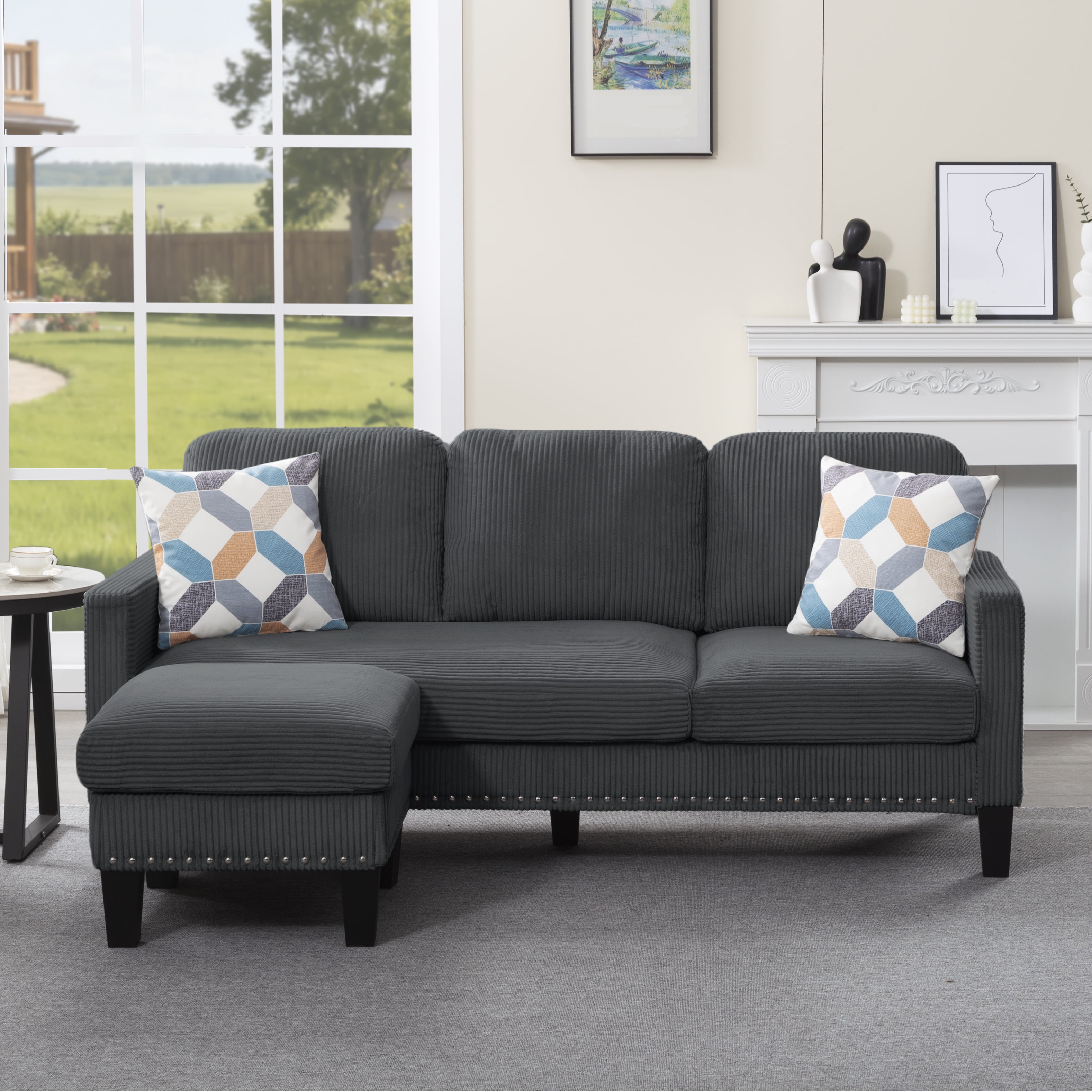 Gewnee 72.64"L-Shaped Sectional Sofa with Movable Ottoman,3-Seater Modern Reversible Chaise,Storage Pocket&Pillows,for Living Room,Office.Dark Grey