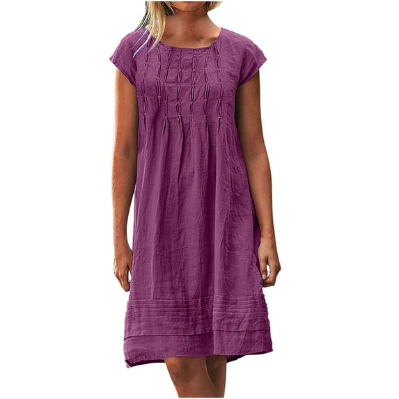 Bigersell Cocktail Dresses Women's Fashion Cotton and Linen Crewneck Loose Short Sleeve Solid Mini Dress Formal Dresses Women Skater Dresses, Style 37020, Purple 4XL