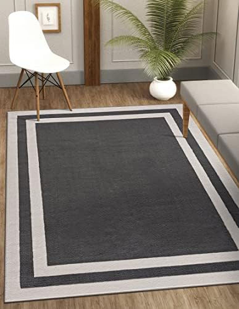 Dark Grey Area Rug, 5'3" X 7'0" Bordered, For Living Room, Bedroom