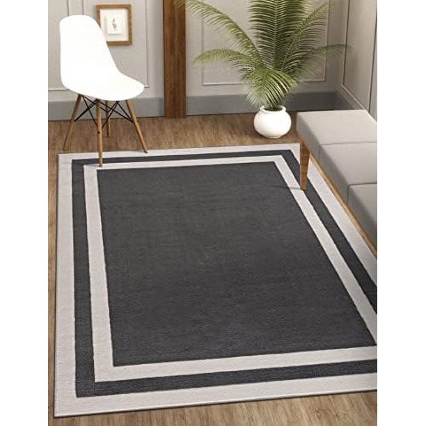 Dark Grey Area Rug, 5'3" X 7'0" Bordered, For Living Room, Bedroom