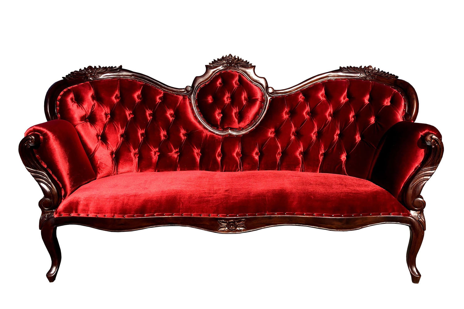 Offex Mahogany Wood with Red Velvet Fabric Button Tufted Carved Double