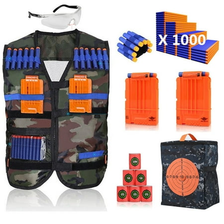 VBESTLIFE Kids Tactical Vest Kit for Toy Guns Elite Series,200/1000 Refill Darts,1 Wrist Bands,2 Quick Reload Clips,1 Protective Glasses,6 EVA Bullet Targets,1 Target Pouch for Kids