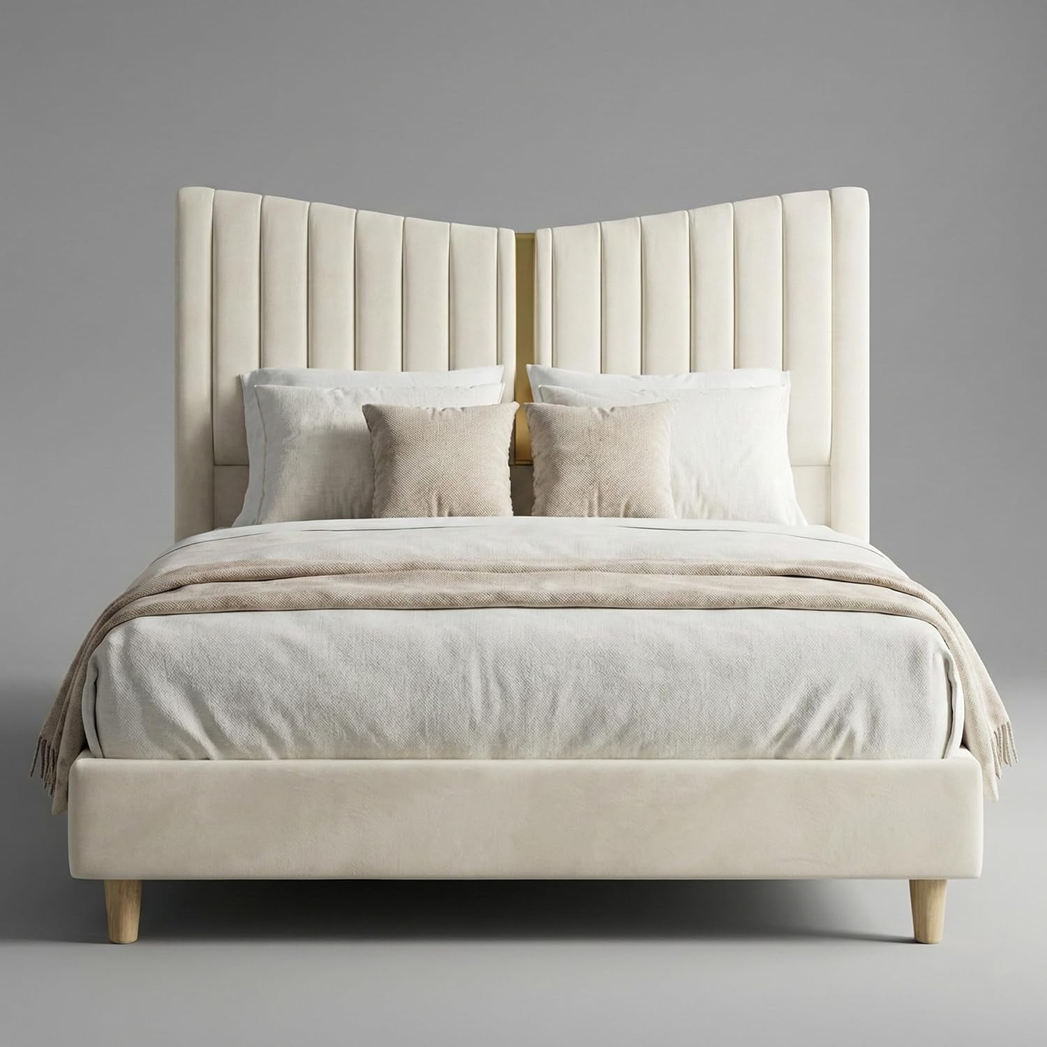 Queen Bed Frame White and Gold, V-Shaped Tall Headboard Platform Bed with 1000lbs Heavy Duty Support, Modern Glam Cream Velvet Upholstered Bed, No Box Spring Needed