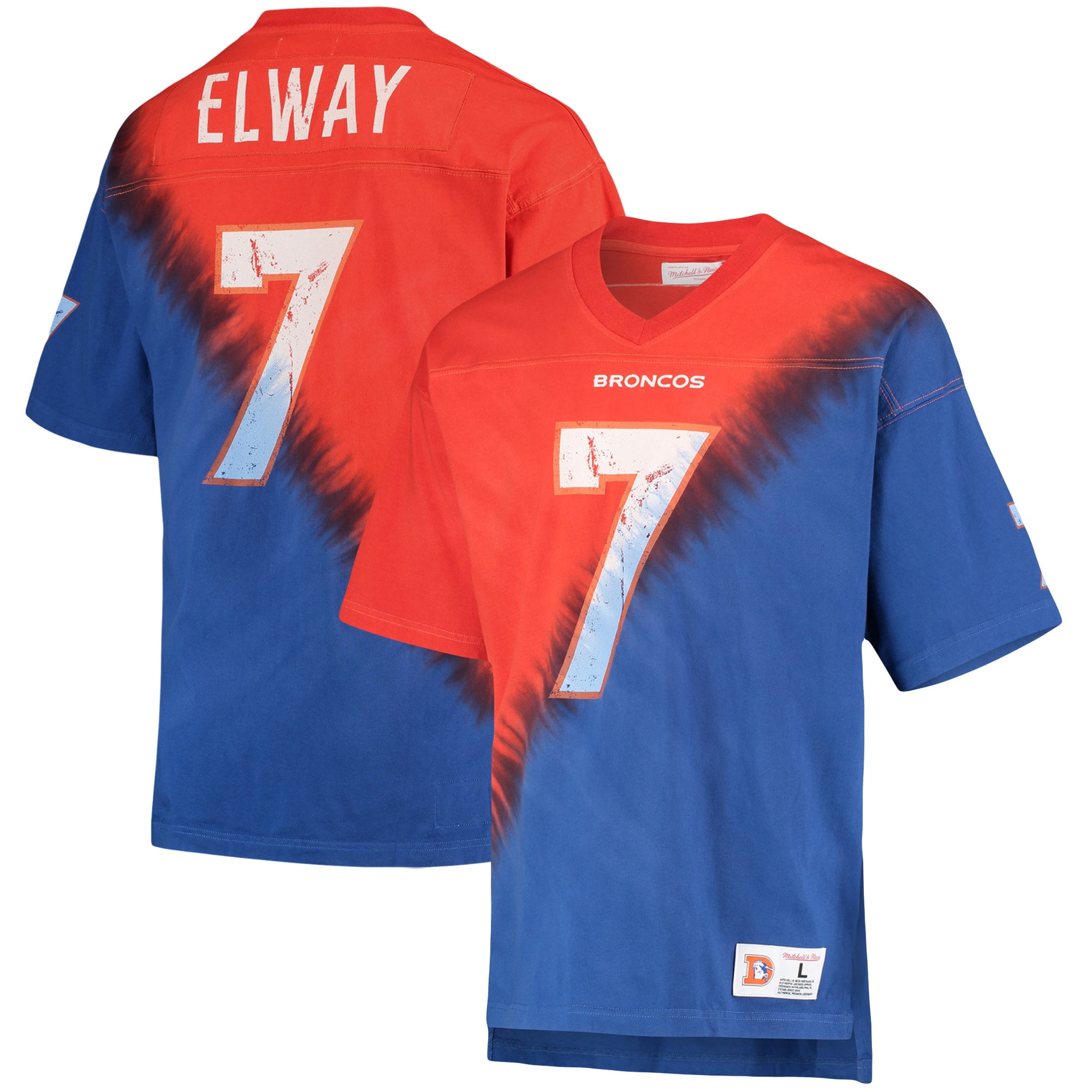 Men's Mitchell & Ness John Elway Orange/Royal Denver Broncos Retired Player  Name & Number Diagonal Tie-Dye V-Neck 