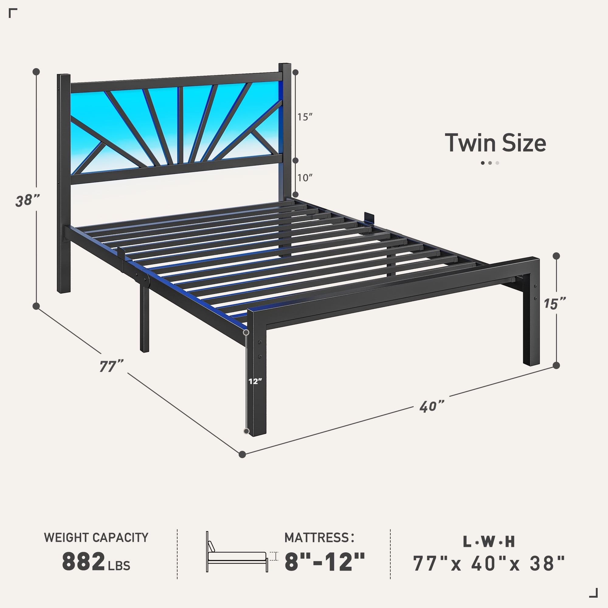 Twin Size Metal Bed Frame with Headboard Metal Platform Bed Frame with LED Lights Bed Frame Twin with Storage Underbed, Noise Free, No Box Spring, Black